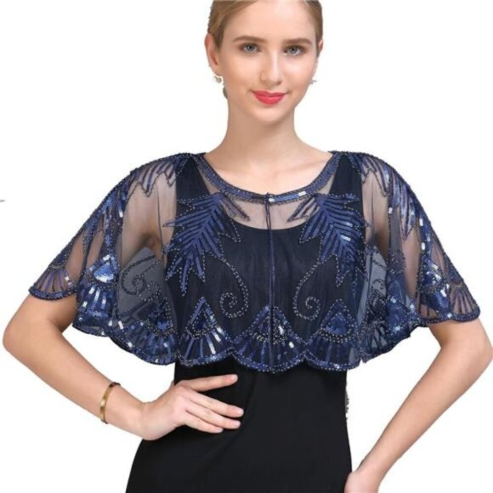 1920s Shawl Sequin Lace Cape Blue